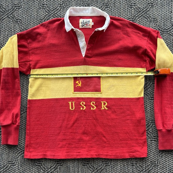 Vintage Rugby Shirt Men's XL Red Yellow USSR Dehen Embroidered 80s - Picture 10 of 13